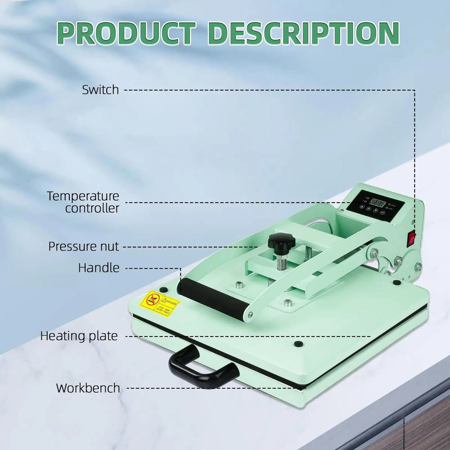 38x38cm Manual Heat Press Machine 1400W Household T-shirts Bags Heat Transfer Machine EU 220V